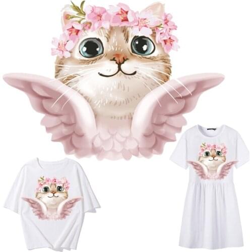 Cat with Wings Flower Patches Thermal Sticker on Clothes Fabric Iron-on Transfers for Clothing Thermoadhesive Patch Diy Applique