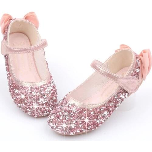 Princess Shoes Party For Girls Dress Heels Wedding Autumn Children Shoes Fashion Bow Sequins Leather Kids Shoes 3 5 12 Years Old