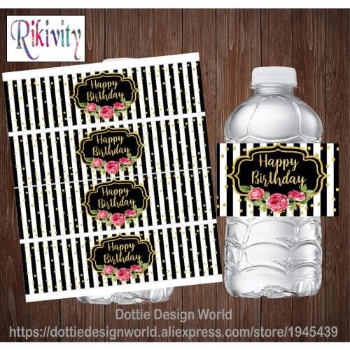 20 Custom Black Gold Glitter Rose Birthday Water Bottle Wine Labels Candy Bar Wrapper Stickers Anniversary Wedding Decoration
