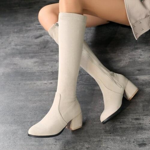 Autumn Winter Lady Faux Suede Knee High Boots Fashion Zipper Sweet Knight Boots Female Comfortable Square High Heel Women Shoes