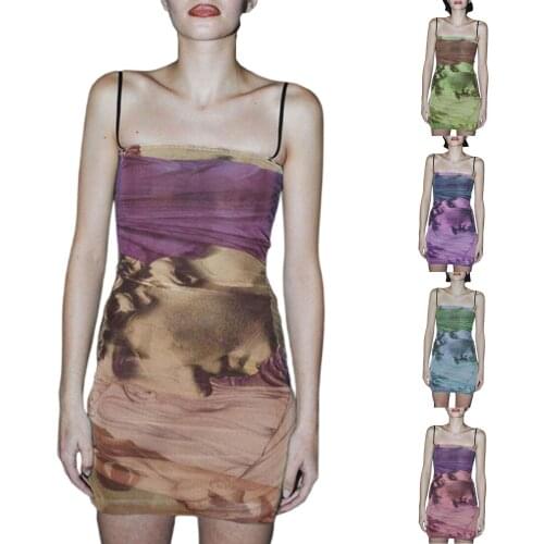 2021 New Women Close-fitting Sexy Slip Dress, Printed Pattern Boat Neck Sleeveless Fashion, S/ M/ L