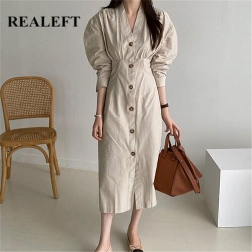 REALEFT 2021 New Autumn Womens Single Breasted Dress Solid Elegant Straight V-Neck Puff Sleeve Mi-long Shirts Dress Female
