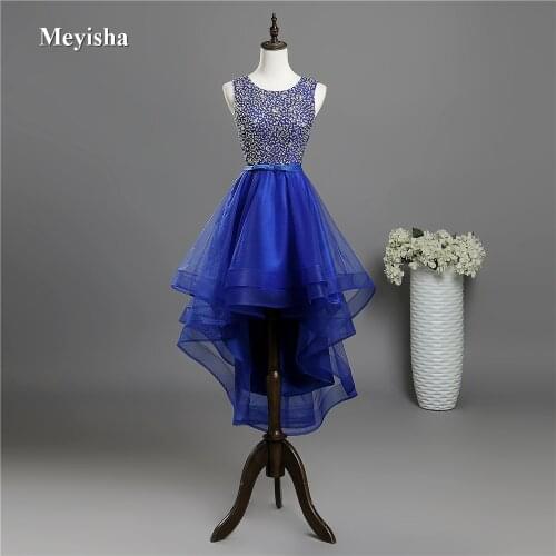 ZJ7028 High Low Open Back Prom Dresses O Neck Beads Crystal Evening Party Dress 2018 Short Front Long Back Customer Made
