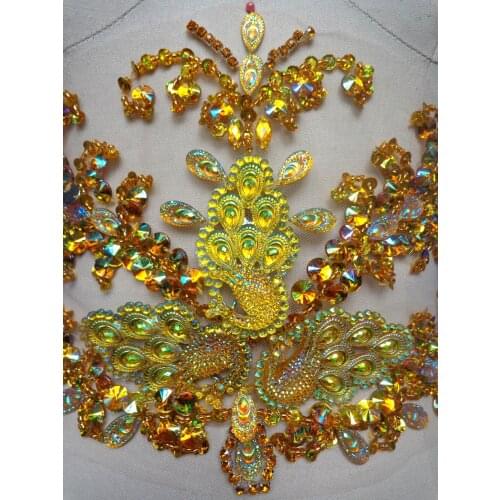 Golden Hand made crystals trim patches sew on Rhinestones sequins applique 43*19cm for top dress skirt accessory