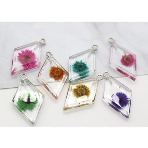5pcs Mixed Dried Flower Transparent Resin Earring Charms Rhombus Shape Elegant Earrings Pendant Handmade Jewelry Accessory