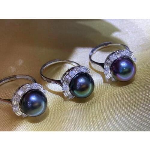 925 Sterling Silver Real Black Tahiti Southsea 10-11MM Pearl Ring Adjustable Finger Ring Free Size Ring Jewelry Nice Party Gift