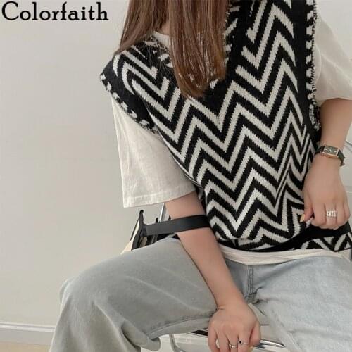 Colorfaith 2021 New Autumn Winter Women Sweater Sleeveless Vest Waistcoat Striped England Style Knitted Oversized Tops SWV1371JX