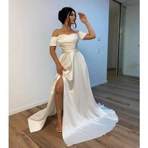 Elegant Long Pleated Wedding Dresses with Slit Mermaid Satin Corset Back Robes De Mariée Bridal Gown For Women