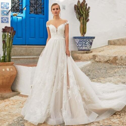 Fmogl Sexy Backless Boat Neck Lace Vintage Wedding Dresses 2021 Luxury Short Sleeve Appliques Sweep Train A Line Bride Gown