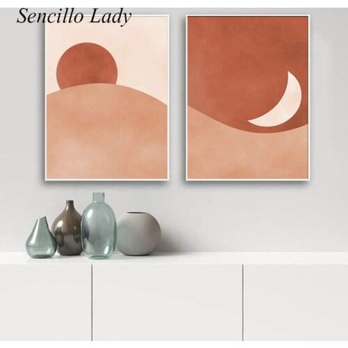 Moon Sun Desert Abstract Landscape Painting Minimalist Canvas Art Poster Boho Style Print Modern Wall Picture for Home Decor