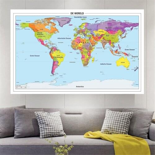 225*150 Cm The World Political Map In Dutch Non-woven Canvas Painting Large Poster Wall Home Decoration Children School Supplies