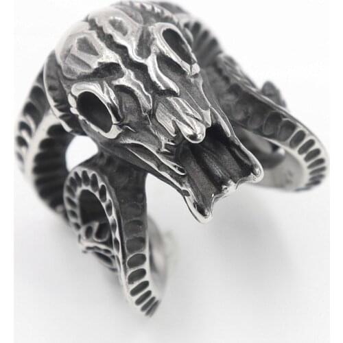 Personality Exaggeration Animal Horn Skull Ring Silver Color Stainless Steel Ring Mens Motorcycle Party Jewelry Accessories