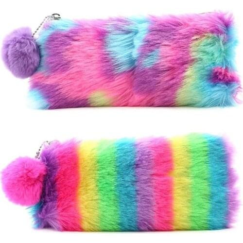 Korean Kawaii Penal Cute Plush School Pencil Case Rainbow Pencilcase for Girls Large Mini Pen Bag Stationery Pouch Box Supplies
