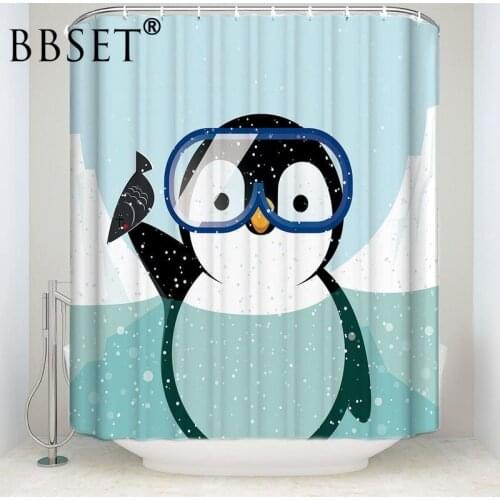 Cute Animal Shower Curtain Diving Little Penguin Catches Fish Pattern Waterproof Multi-size Douchegordijn Kids Bathroom Decor