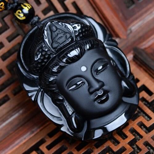 Natural Obsidian Guanyin Pendant Monkey Necklace Man Exquisito Jewellery Fashion Accessories Hand-Carved Luck Amulet Gifts
