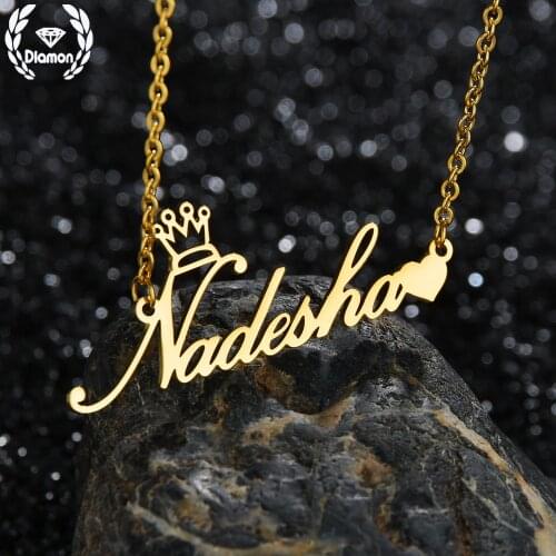 New Customized Fashion Stainless Steel Name Necklace Personalized Letter Big Crown Heart Chain Pendant Nameplate for Women Gift