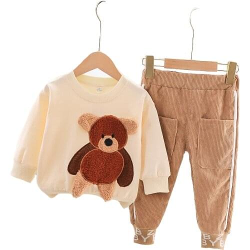 Autumn Baby Girls Clothing Set Toddler Cartoon Big Bear Blouse + Corduroy Pants 2 Pcs Home Wear Children Birthday Present