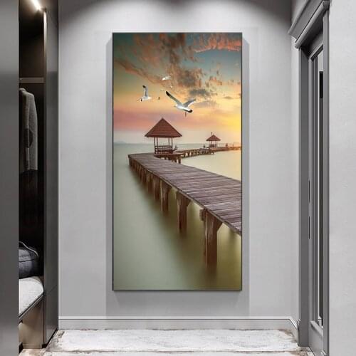 Ocean Pavilion Bird Bridge Canvas Art Landscape Paintings Modern Poster Prints Wall Art Picture Trendy Artwork Room Decoration