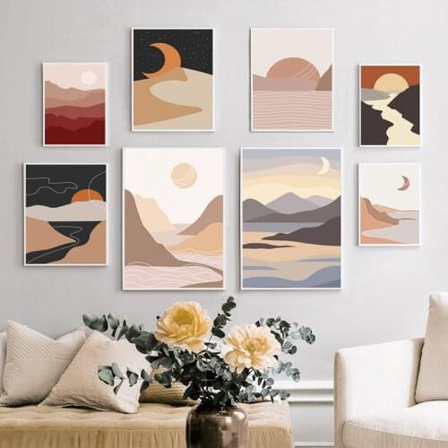 Boho Sun and Moon Abstract Landscape Posters Canvas Print Painting Wall Art Pictures for Living Room Modern Home Interior Decor