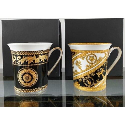 Luxury Europe Porcelain Mugs Black and Gold Bone China Cups For Coffee Milk Tea Water Home Table Drinkware Personalized Mug Gift
