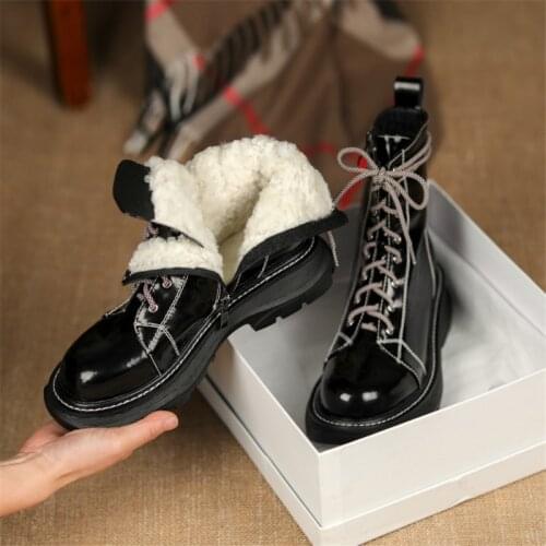 PXELENA Luxury Natural Real Wool Fur Snow Boots Women Split Leather Chunky Heels Platform Winter Warm Plush Martin Boot 34-42