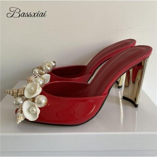 Sewing Beaded Flower Sandals For Girls Women Strange Heel Peep Toe Slingbacks Rhinestone Butterfly-Knot Lady Mules