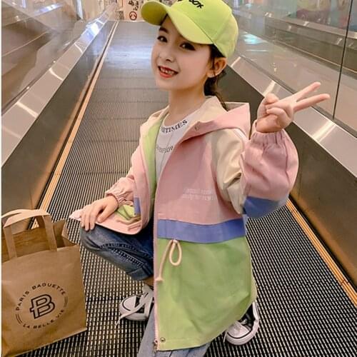 DFXD Korean Teen Girls Spring Windbreaker Fashion Long Zipper Cardigan Hooded Outwear Children Clothes 3-12Yrs Girls Trench Coat