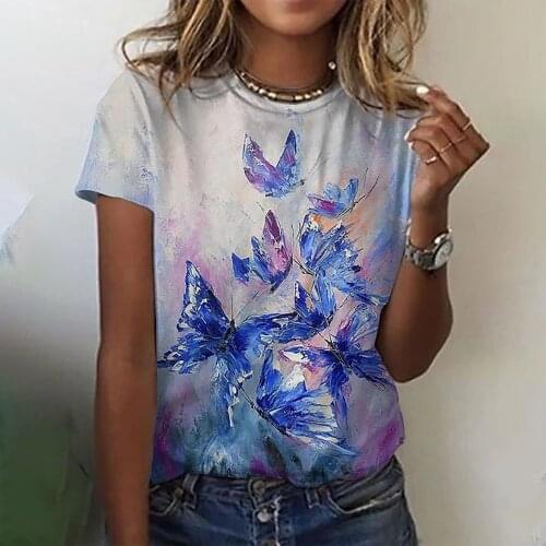 Butterfly Printing WomenS T-Shirts Round Neck Graphic Tee Simple Style Summer Top Casual Loose Slim Tops Woman Streetwear