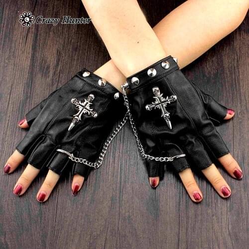 WOMEN LEATHER FINGERLESS GLOVES BIKER DRIVING CYCLING PUNK w/ SKULL CROSS