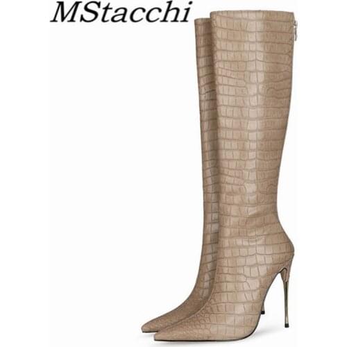 MStacchi Big Size 33-46 Fashion Women Knee-length Boots Pointed Toe High-Heeled Long Boots Sexy Crocodile Print Botas Mujer