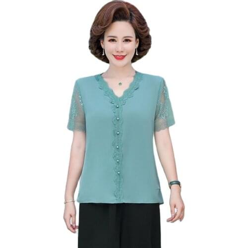 Women Fahsion Chiffon Shirts Fashion Short Sleeve Lace Splice Ladies Summer Casual Loose Blouses Elegant Tops Blusas MM1029