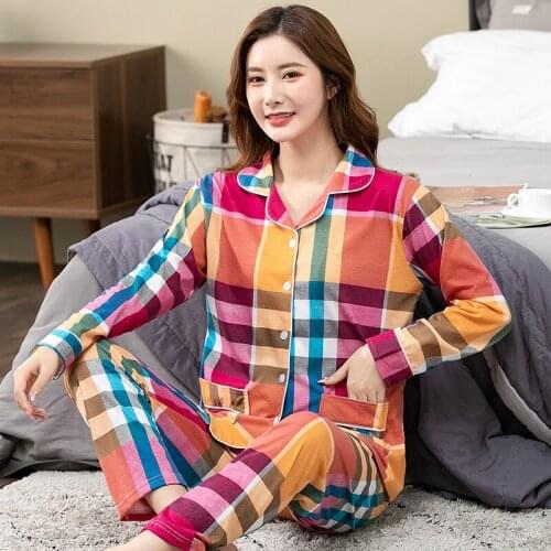 Rainbow Colors Plaid Nightwear Suit For Women Autumn Long Sleeve Princess Pajama Casual Cardigan Homewear Plus Size Pijama Mujer