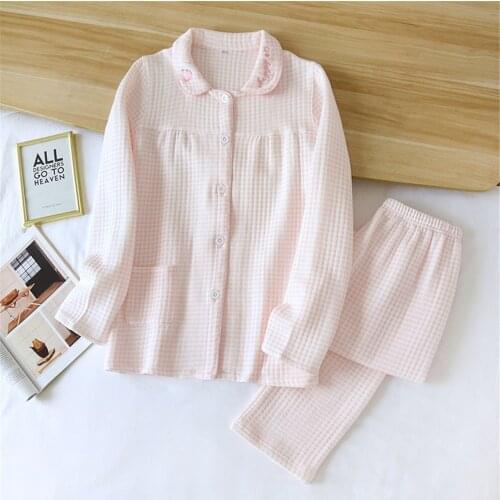 Women Pajamas Set Autumn Ladies Cotton Nightshirt Sets Solid Color Plaid Pyjama Suit Long Sleeve Pants Sleepwear Household Wear