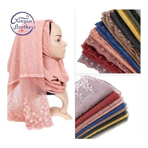 2019 New Arrival lace edges scarf hijab woman plain maxi shawl wrap flower white lace foulard soft cotton Muslim hijabs scarfs