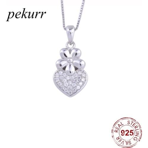 Pekurr 925 Sterling Silver Clove Flower CZ Heart Necklace For Women Crystal Heart Pendants Choker Fashion Jewelry Accessories