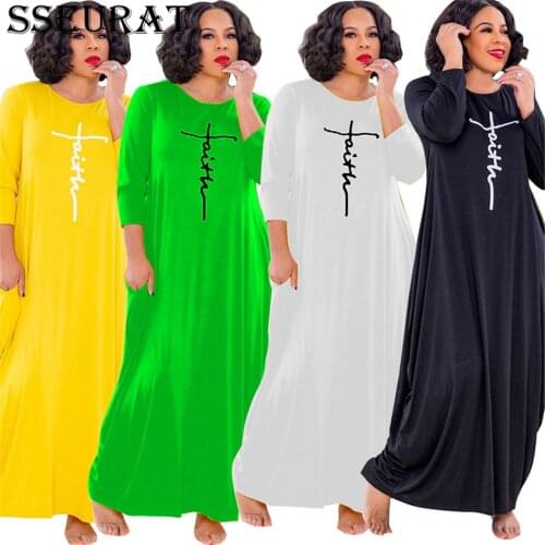 SSEURAT Women Long Dress Letter Print Long Sleeve O-neck Loose Maxi Midi Dresses Fashion Streetwear Autumn