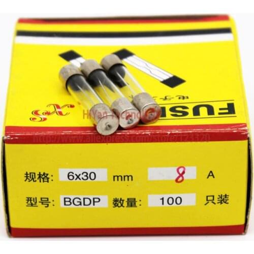 100pcs/lot) 6*30MM 8A Fuses Fast Quick Blow Glass Tube Fuse 6x30mm 250V 8A F8AL250V