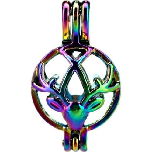 C394 5pcs/lot Rainbow Color 26mm Round Cross Elk Horn Pearl Beads Cage Locket Pendant Pearl Locket Fairytale Party