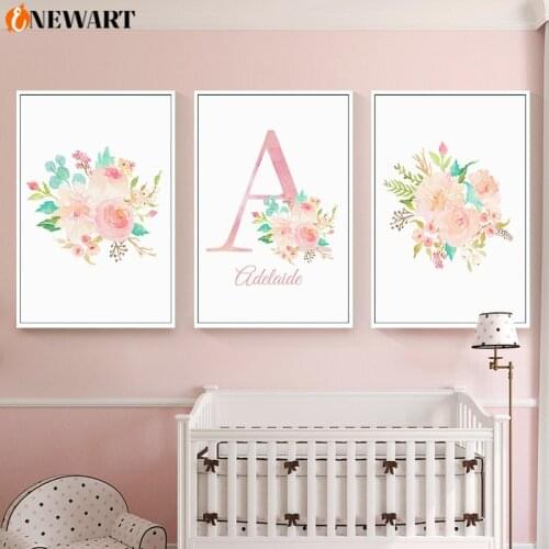 Baby Canvas Poster Nursery Art Painting Girls Custom Name Posters Pink Flower Print Paintings Wall Pictures for Baby Room Decor