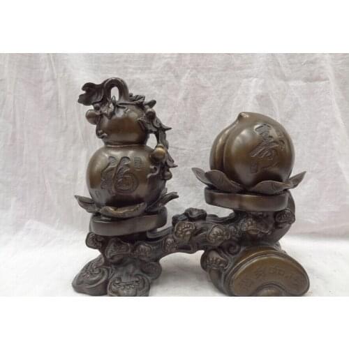Fast shipping USPS to USA S1587 12" Chinese Pure Bronze Home FengShui Fu Gourd Statue Shou Peach On JiXiang RuYi