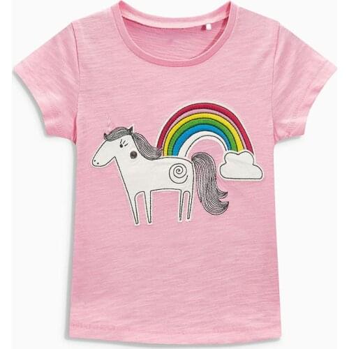 Little Maven New Summer Short O-neck Pink Embroidery Rainbow Applique Horse Knitted Cotton Quality Girls Casual 1-6yrs Tshirts