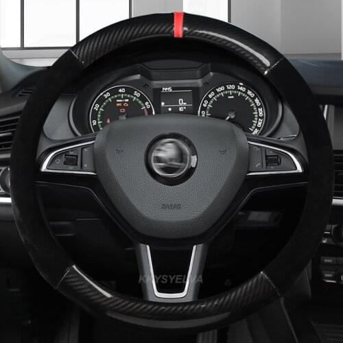 38CM Carbon Fiber Leather Car Steering Wheel Cover for Skoda Octavia A5 A7 Rapid Spaceback Fabia Kodiaq Superb YETI Karoq Kamiq
