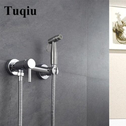 Brass chrome hot and cold Hand held Bidet set Portable bidet spray faucet with 1.5m hose and nickel brushed bidet gun