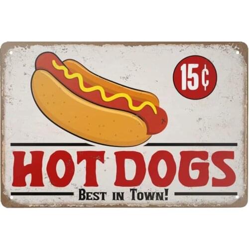 Retro Metal Tin Sign Vintage Enjoy Our Delicious Hot Dogs Best in Town Aluminum Sign for Home Coffee Wall Decor