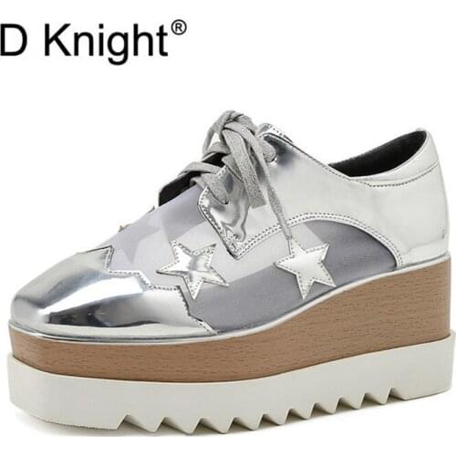 Fashion Lace Up Mesh Leather Women Pumps Oxfords Shoes Square Toe Lady Thick Wedge Heels Creepers Shoes Sliver Gold Female Pumps