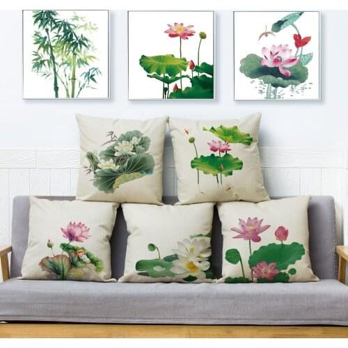 Watercolor Lotus Bamboo Cushion Cover for Sofa Home Decor Throw Pillowcase Print Plant Pillow Case Linen 45*45cm