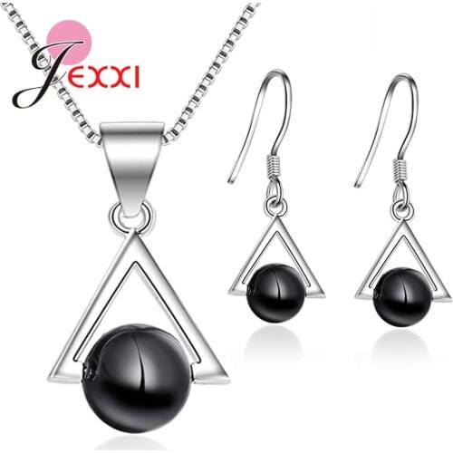 Newest African Black Glass Beads Necklace Earrings Jewelry Gift Sets Fine 925 Sterling Silver Triangle Geometric Design