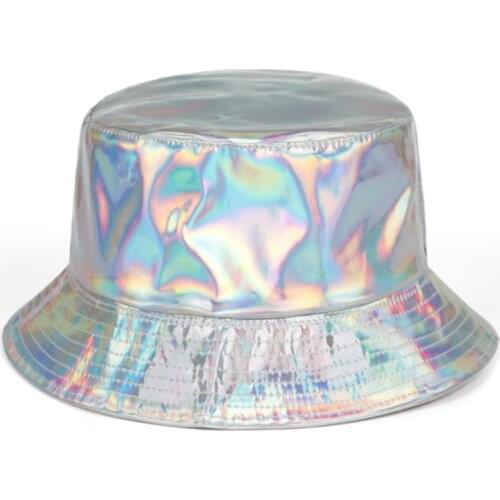 Women Men Faux Leather Harajuku Hip Hop Bucket Cap Glitter Metallic Holographic Reflective Reversible Wide Brim Fisherman Hat