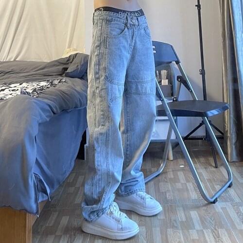 Cotton Straight Jeans Men Womens Retro Washed High Street Loose Cargo Pants Stitching Casual Wide-Leg Trousers Men Loose Jeans
