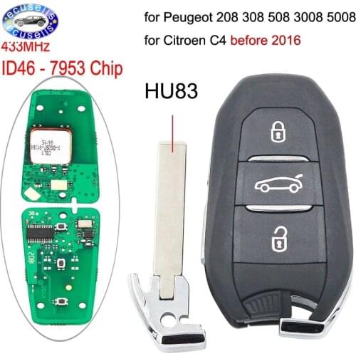 Keyless-Go 3 Buttons DS Smart Remote key 433MHz 7953 Chip for Peugeot 208 308 508 Citroen C4 with Emergency Key HU83